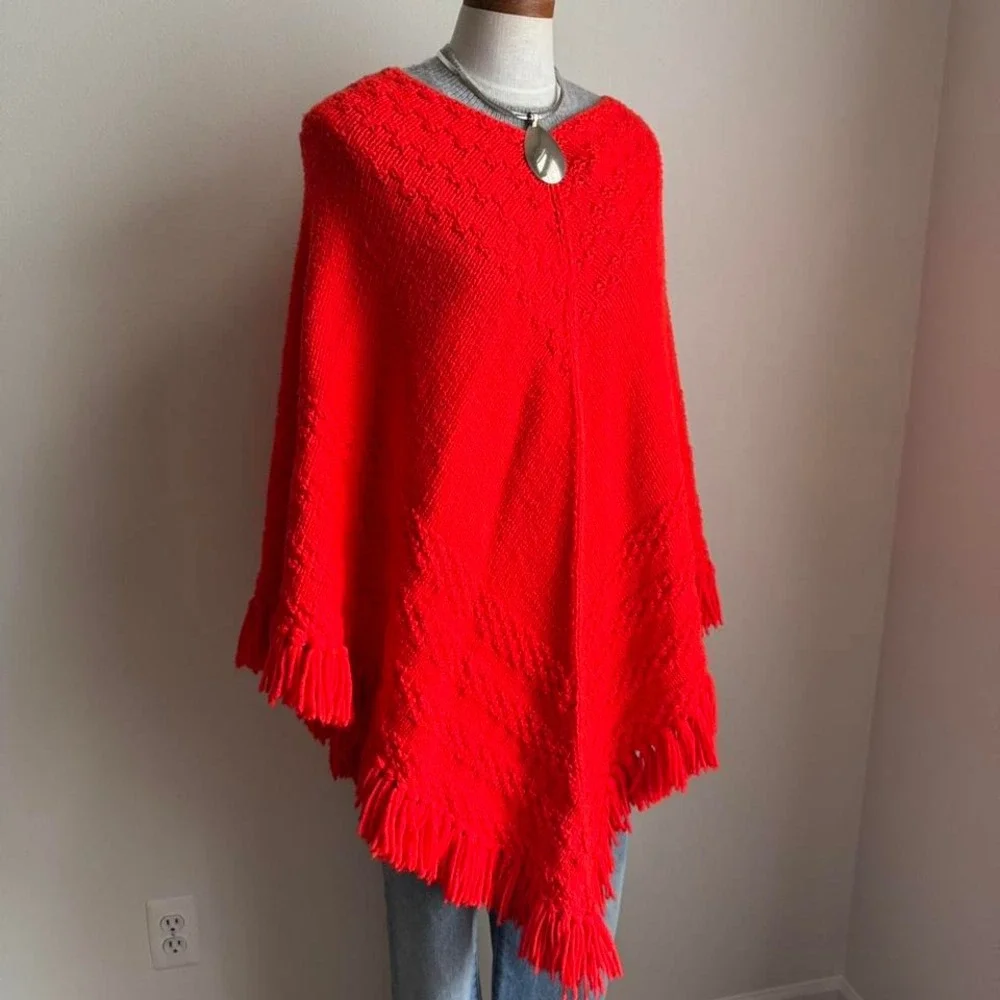 Vintage Vibrant Orange Fringe Poncho Handknit Crochet - Picture 6 of 6